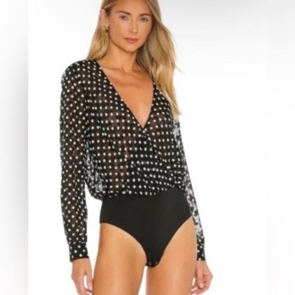 L’ Agence Tasha Semisheer Bodysuit Long Sleeve Metallic Polka Dots Gold Black XS - Picture 1 of 14